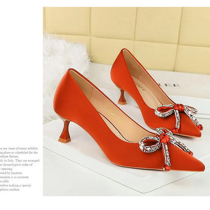 2025 nuevos tacones altos de 10 cm, zapatos de mujer con lazo de diamantes de imitación, punta puntiaguda, tacón de seda, zapatos de salón de mujer, tacón de copa de vino, zapatos de fiesta de primavera con tacón de aguja
