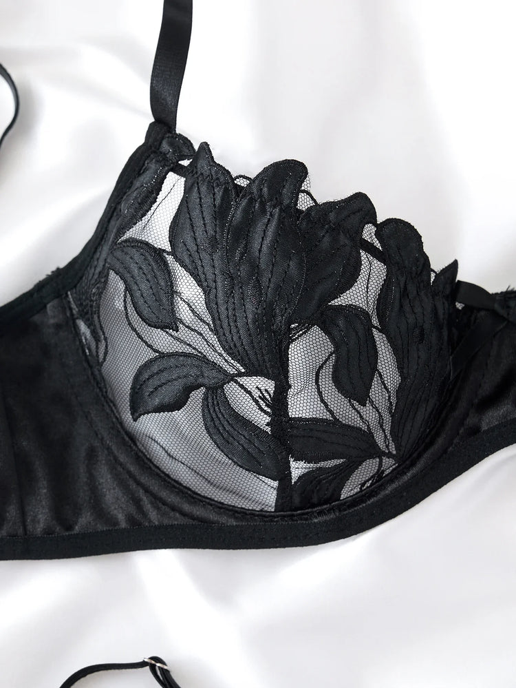 Embroidery Transparent Floral 2 Pieces Exquisite Lace Lingerie Set Push Up Bra Briefs Sets See Through Exotic Lingeries Sets