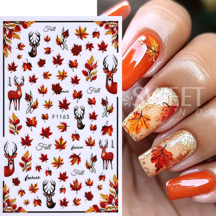 10pcs/set 3D Autumn Pumpkin Nail Stickers Maple Leaf Flower Self-Adhesive Nail Decal Slider Thanksgiving DIY Manicure Decoration