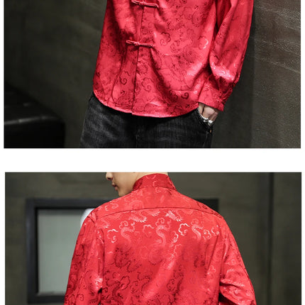 Giacca Tang di alta qualità da uomo camicetta con colletto alla coreana in argento elegante abbigliamento cinese rosso camicie Casual da uomo in raso di seta blu di grandi dimensioni