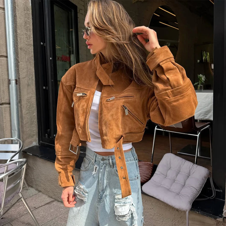 Brown Suede Leather Short Coats Women Solid Stand Collar Zipper Waist Belted Cropped Jackets 2026 Lady Autumn Y2k Casual Outwear