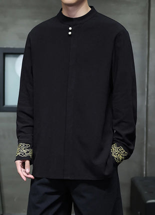 Camicie da Uomo di Alta Qualità con Ricami in Stile Cinese, Colletto Rialzato Retrò, in Lino Comodo e Traspirante, Camicie Casual da Uomo
