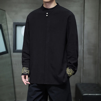 Camicie da Uomo di Alta Qualità con Ricami in Stile Cinese, Colletto Rialzato Retrò, in Lino Comodo e Traspirante, Camicie Casual da Uomo