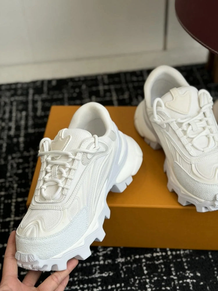 Minimalist Pure White Mesh & Leather Hiking‑Style Dad Sneakers Serrated Non‑Slip Thick Sole Triangle Tongue Decor Elevated Casual Ladies Athletic Shoes