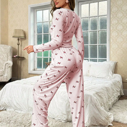 Primavera e autunno nuovi indumenti da notte da donna con fiocco a farfalla a maniche lunghe set stampato elastico da donna casual comodi vestiti per la casa