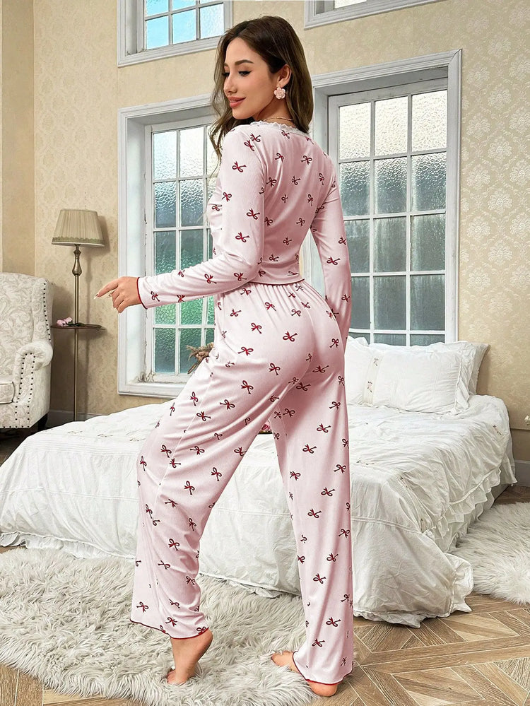 Primavera e autunno nuovi indumenti da notte da donna con fiocco a farfalla a maniche lunghe set stampato elastico da donna casual comodi vestiti per la casa