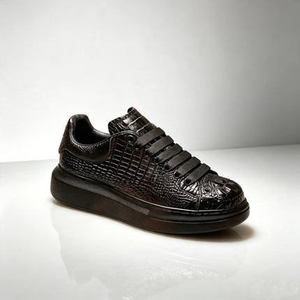 Trend crocodile print black men's breathable shoes running casual sports board shoes natural cowhide soft sole shoes