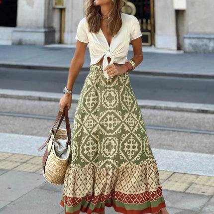 Gonna ampia stampata con elastico in vita da donna, gonna midi boho con inserti, adatta per la spiaggia e l'uso quotidiano