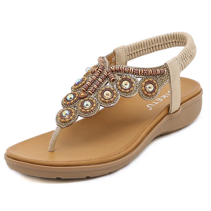 New 2026 Women's Summer Bohemian Style Sandals, Flip-Flop Design with Beaded and Rhinestone Buckle, Elastic Heel Strap, Comfortable Everyday Shoes