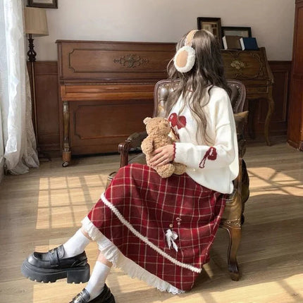 Sweet Red Plaid Long Skirt Women Vintage Faux Woolen Bow Cute Skirts Lace Patchwork High Waist Korean Elegant Warm Long Skirts PlatiNum