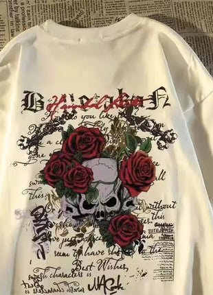 2025 Nuova T-shirt con stampa teschio retrò americano in puro cotone con girocollo e top estivi euro