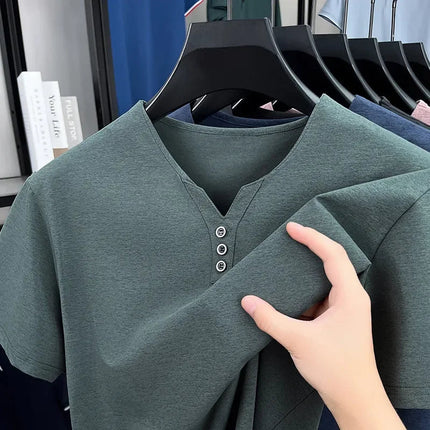 New Men's Casual and Fashionable Three Button V-neck Solid Color Short Sleeved T-shirt Summer Versatile Top PlatiNum