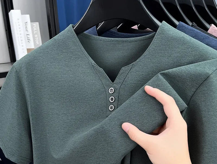 New Men's Casual and Fashionable Three Button V-neck Solid Color Short Sleeved T-shirt Summer Versatile Top PlatiNum