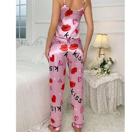 Pigiama floreale in raso da donna con top con cinturino per spaghetti e pantaloni lunghi Indumenti da notte 2 pezzi senza maniche Abbigliamento per la casa Pigiama platinumshop