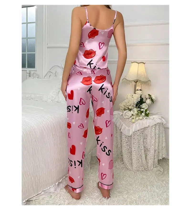 Pigiama floreale in raso da donna con top con cinturino per spaghetti e pantaloni lunghi Indumenti da notte 2 pezzi senza maniche Abbigliamento per la casa Pigiama platinumshop
