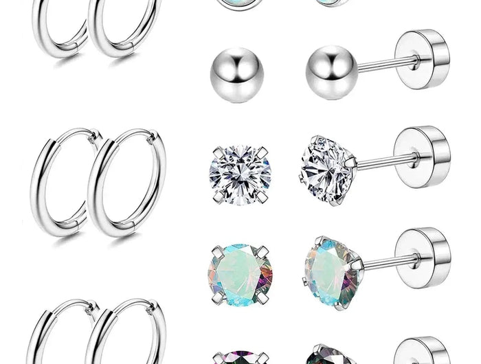 Set di 6 Paia di Orecchini per Piercing Multipli, Piccoli Orecchini a Cerchio, Orecchini a Perno con Zirconi, Opale e Perla per Donne platinumshop