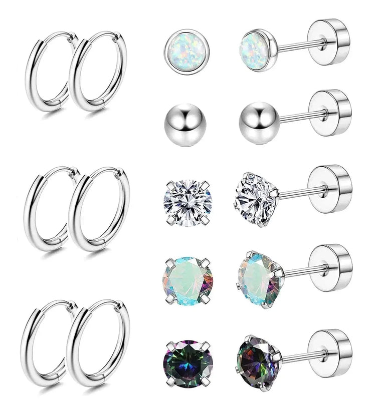 Set di 6 Paia di Orecchini per Piercing Multipli, Piccoli Orecchini a Cerchio, Orecchini a Perno con Zirconi, Opale e Perla per Donne platinumshop