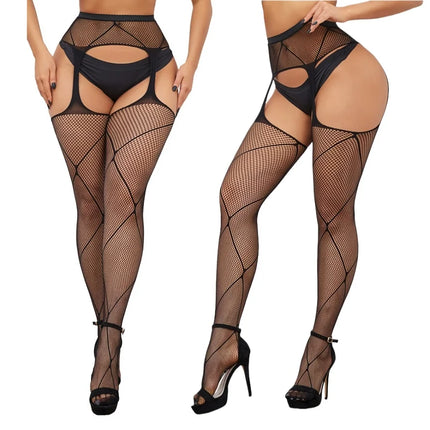 NEWJOINFUN Plus Open Crotch Pantyhose Large Fishnet Stockings Black Thigh High Stockings Garter Tights for Women Oversized XXXXL