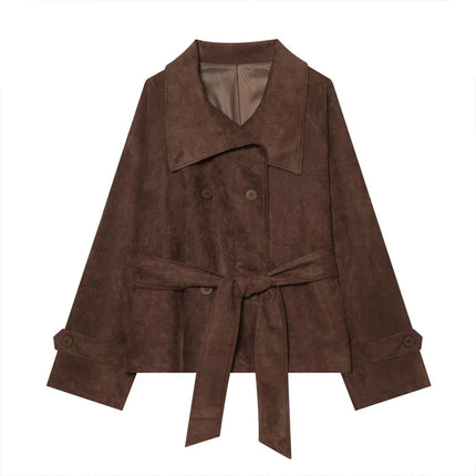 Elegant Suede Women Jacket Turn Down Collar Double Breasted Belt Waist Slim Jackets 2026 Autumn Winter Female Fashion Tops