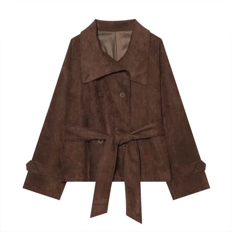 Elegant Suede Women Jacket Turn Down Collar Double Breasted Belt Waist Slim Jackets 2026 Autumn Winter Female Fashion Tops