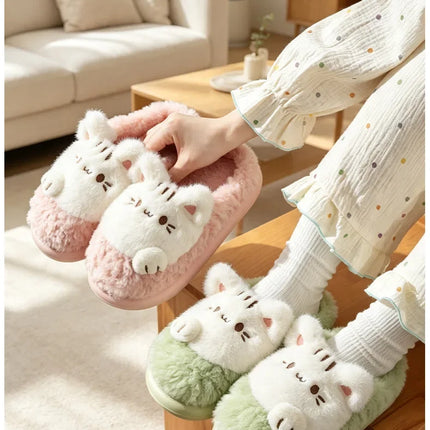 Women's Cute Cat Plush Cotton Slippers Autumn & Winter Home Anti Slip Thick Bottom Cotton Slippers Soft and Warm Indoor Slippers