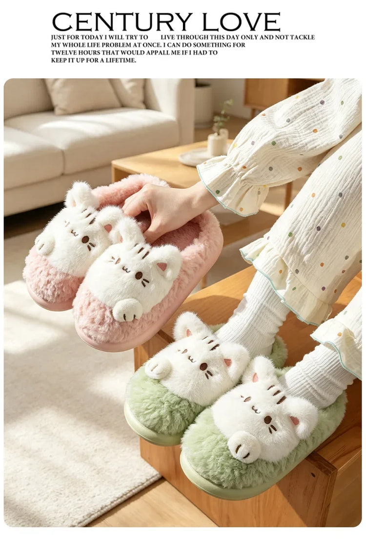 Women's Cute Cat Plush Cotton Slippers Autumn & Winter Home Anti Slip Thick Bottom Cotton Slippers Soft and Warm Indoor Slippers