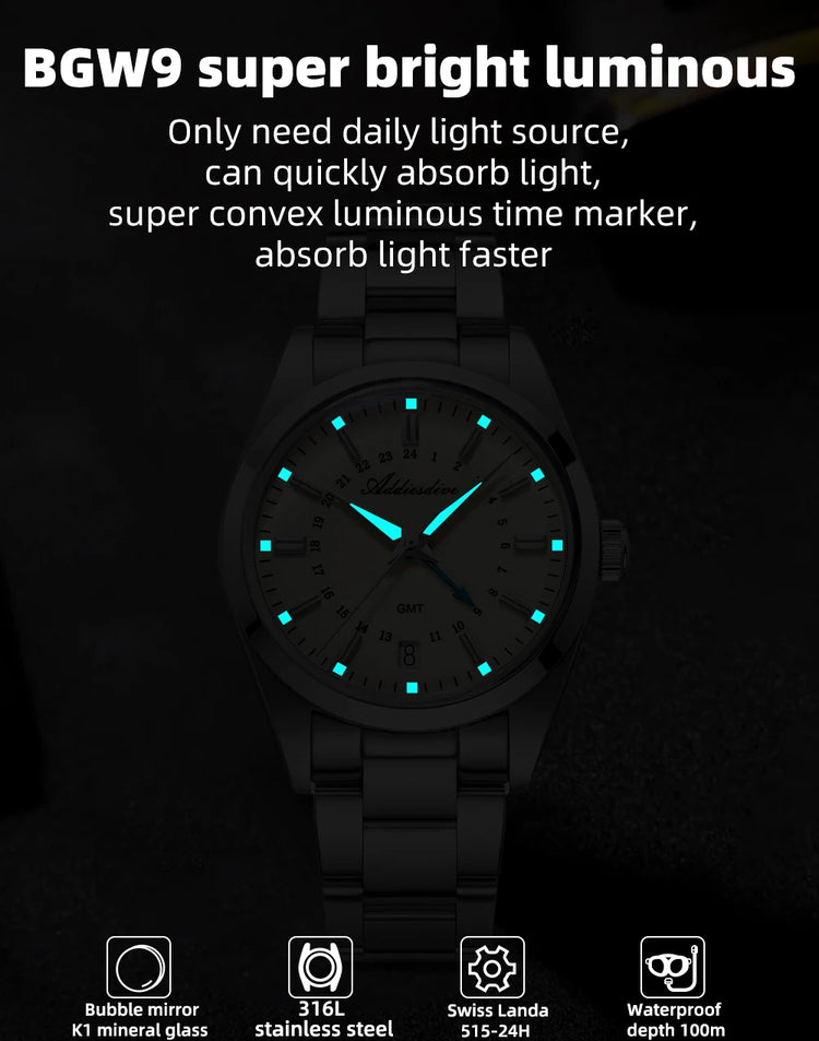 ADDIESDIVE 36mm Stainless Steel GMT Quartz Watch Bubble Mirror Pot Cover Glass 10ATM Dive Luminous Simple Watches For Men