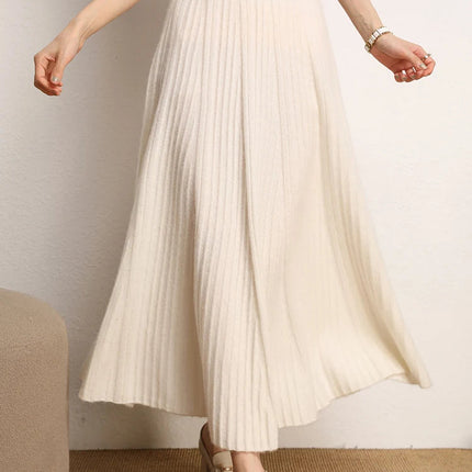 Women A-Line Pleated Skirt Cashmere High Waist Autumn Winter Large Umbrella Skirt 100% Cashmere Knitted Office Lady Casual Dress PlatiNum