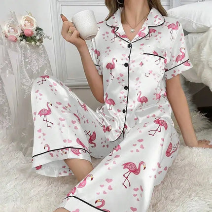 Pigiama da donna elegante pigiameria in raso Pj Set stampa floreale bottoni manica corta risvolto top e pantaloni lunghi indumenti da notte vestiti per la casa platinumshop