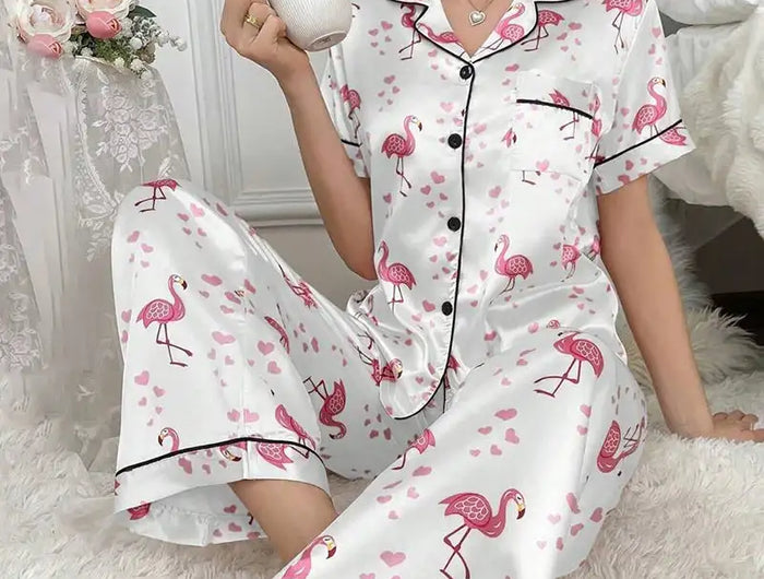 Pigiama da donna elegante pigiameria in raso Pj Set stampa floreale bottoni manica corta risvolto top e pantaloni lunghi indumenti da notte vestiti per la casa platinumshop
