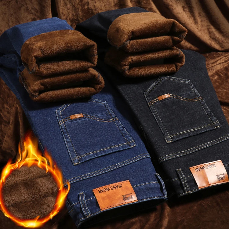 2025 New business casual Trousers Grey Fleece Men Clothes Black Elasticity Warm Winter Jeans Velvet Jeans