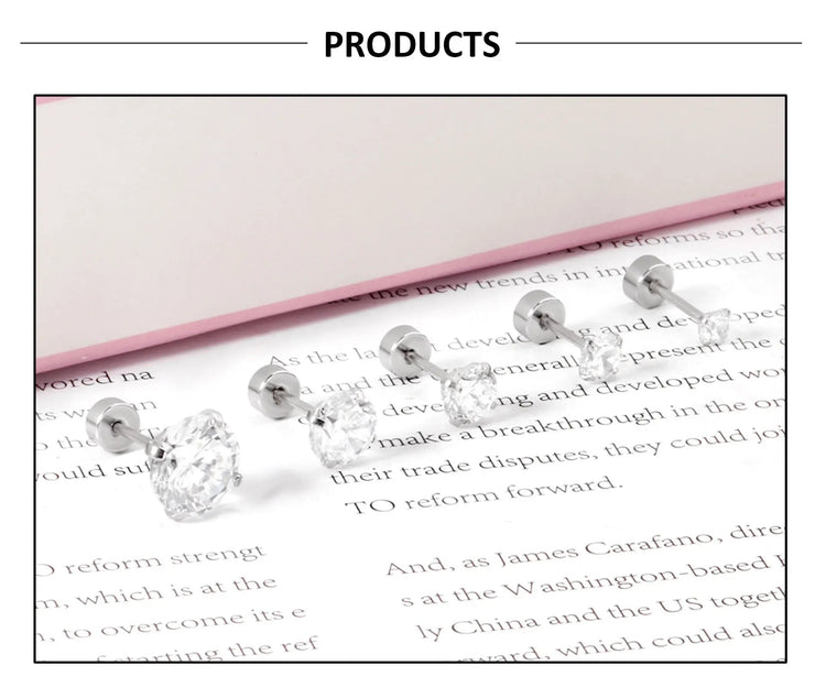 LUXUSTEEL 1Pairs/2Pcs Stainless Steel Crystal Studs Earrings For Women Men 4 Prong Tragus Round Clear Cubic Zirconia Ear Jewelry PlatiNum