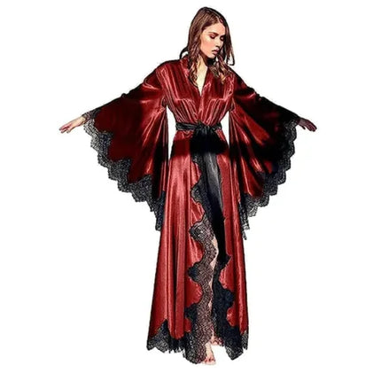 Vestaglie da donna Indumenti da notte Pigiama kimono Puro lungo raso di seta nera con finiture in pizzo Abito fotografico Abito da sposa Abito da sposa Servizio fotografico