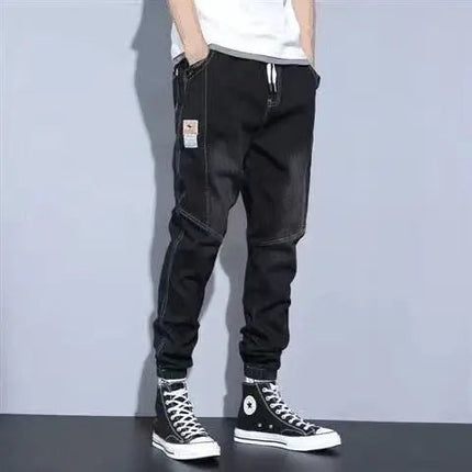 Loose Elastic Waist Denim Jeans for Men 2024 Fashion Casual Spring Workwear Foot-Tied Pants with Brand Workwear Baggy Trousers PlatiNum