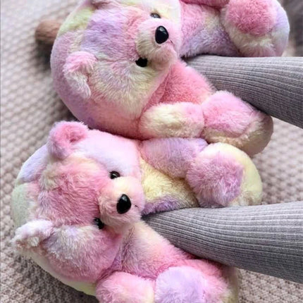 Cute Teddy Bear Plush Winter Slippers, Wrapped Heel Funny Indoor Floor Shoes, Women Gift, Warm Soft Cartoon Fluffy Animal Slippe