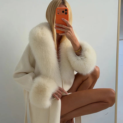 Women Faux Wool Short Coat Faux Fur Collar Cuffs Patchwork Lace-Up Coats Elegant Loose Luxury Ladies Autumn Winter Outerwear