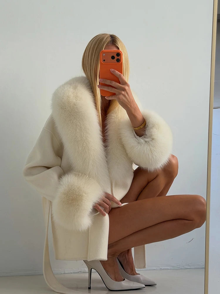 Women Faux Wool Short Coat Faux Fur Collar Cuffs Patchwork Lace-Up Coats Elegant Loose Luxury Ladies Autumn Winter Outerwear