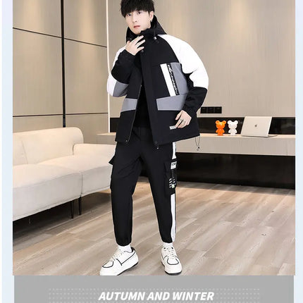 Men's Casual Wool Lined Thickened Hooded Set Fashionable Warm Sweatshirt Jacket Trendy Autumn Winter Men 2 Piece