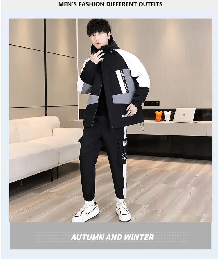 Men's Casual Wool Lined Thickened Hooded Set Fashionable Warm Sweatshirt Jacket Trendy Autumn Winter Men 2 Piece