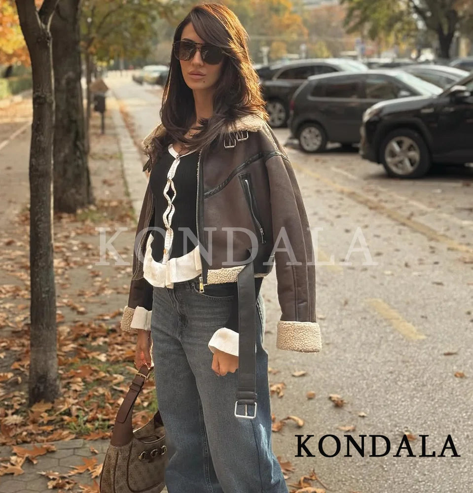 KONDALA Fall Winter Fleece Stand-up Jacket Women's Casual Thickened Warm Zipper Coat 2025 Fashion Retro Motorcycle Style Jacket