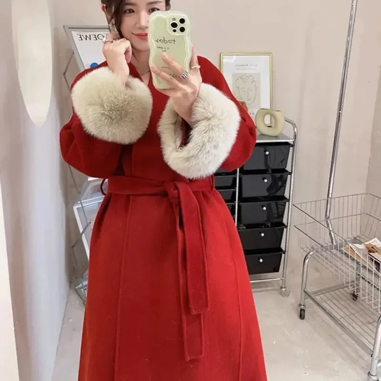 2025 New Spring Winter Warm Long Woolen Coat Women Elegant Warm Wool Blend Trench Coat With Belt Fashion Outerwear