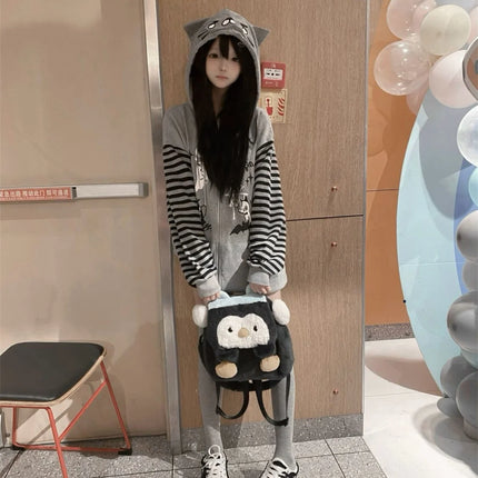 Japanese Harajuku Kawaii Long Sleeve Hoodie Women Cat Ears Sweet Sweatshirt Lace Striped Zipper Casual Cartoon 2025 Autumn