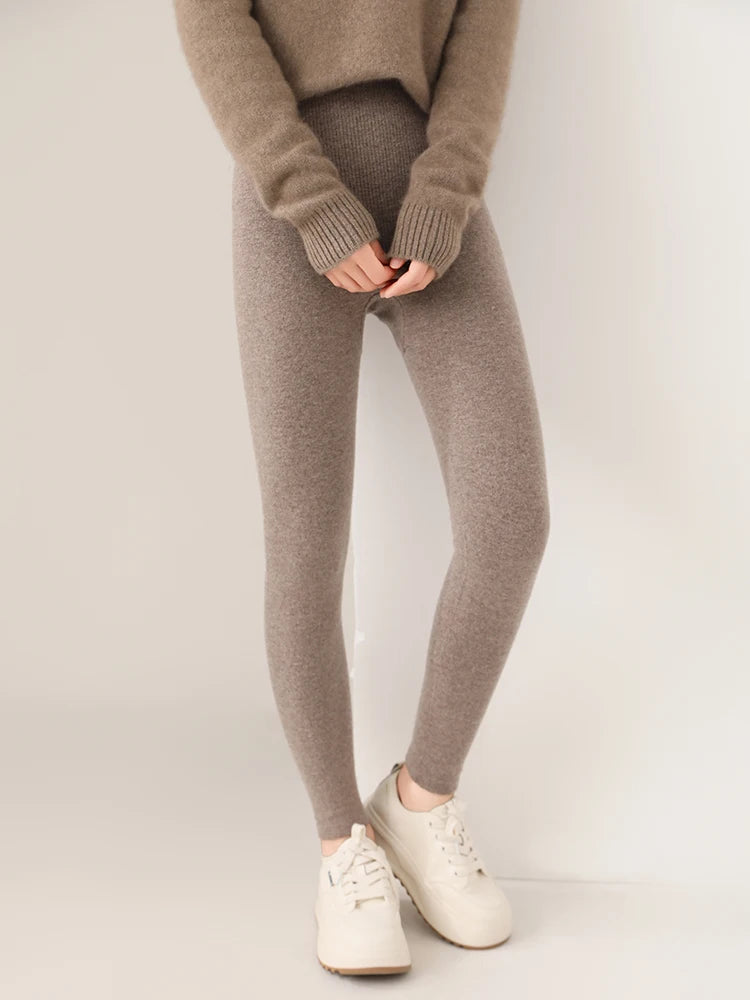 Women's Wool Leggings Slim Warm Autumn Winter High Waisted Elastic Tight Pants 100% Merino Wool Knitted Skin-friendly Leggings PlatiNum