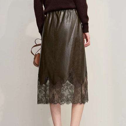 AMII Women's Skirt 2025 Autumn New Minimalist Versatile Clothing Ladies Leather Splicing Lace Solid A-line Midi Skirt 12543095 PlatiNum