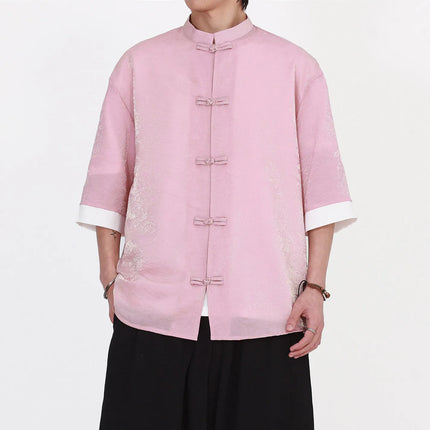 Camicia da Uomo di Lusso con Sfumature Colorate, Jacquard a Maniche Corte, Stile Cinese Tradizionale, Fresca per l'Estate, in Seta Ghiaccio