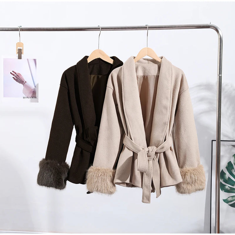 Elegant Women's Lace Up Woolen Coats Solid Full Sleeve Turn-down Collar Loose Lady Coats 2026 Autumn Winter Female Streetwear