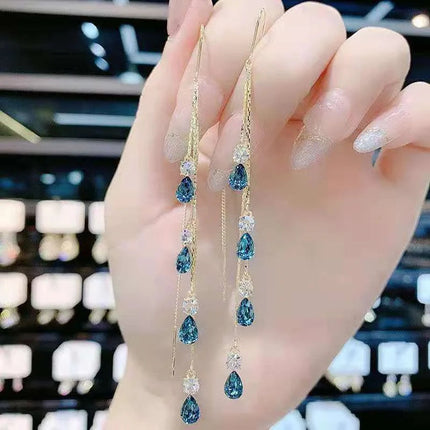Luxury Temperament Green Zircon Drop Earrings For Women Korean Fashion Long Tassel Rhinestone Earring Wedding Party Jewelry PlatiNum