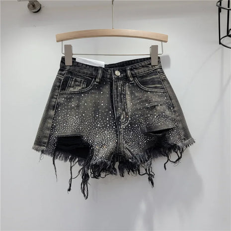 Shorts in Jeans da Donna con Strass, Vita Alta, Elasticizzati, Lavaggio Vintage, Effetto Usurato, Stile Streetwear Estivo 2026