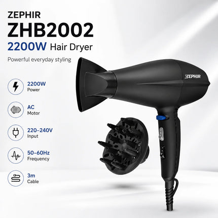 Zephir ZHB2002 Hair Dryer 2200W AC Motor Professional Blow Dryer with Diffuser & Styling Nozzle Black