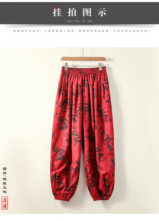 Men's Lantern Trousers Chinese Style Retro Red Dragon Casual Comfortable Harun Pants Men's Fashion Loose Wide Leg Streetwear